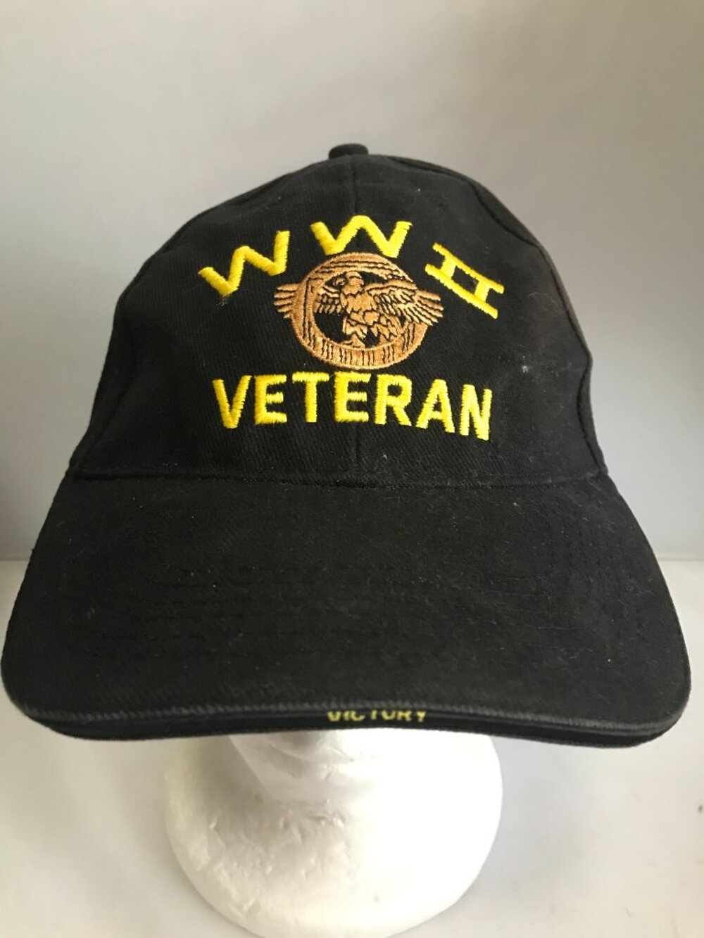 World War II Veteran Hat Black Baseball Cap Eagle Crest Adj. Hook & Loop Cotton